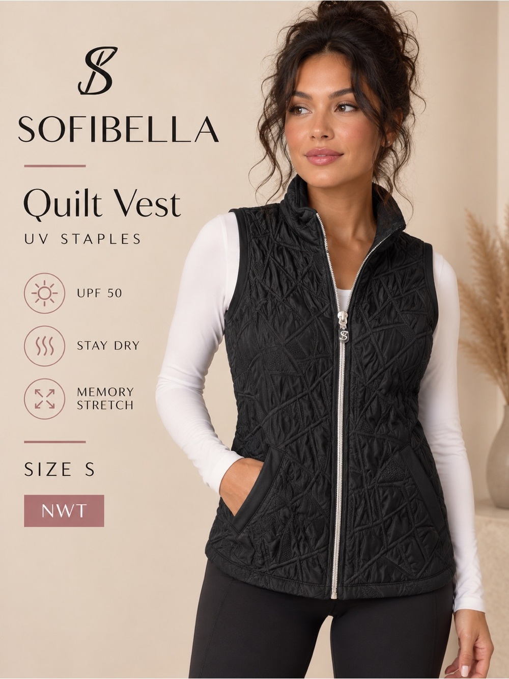 Sofibella Black Quilt Vest Size Small NWT UPF 50 Style 2432N